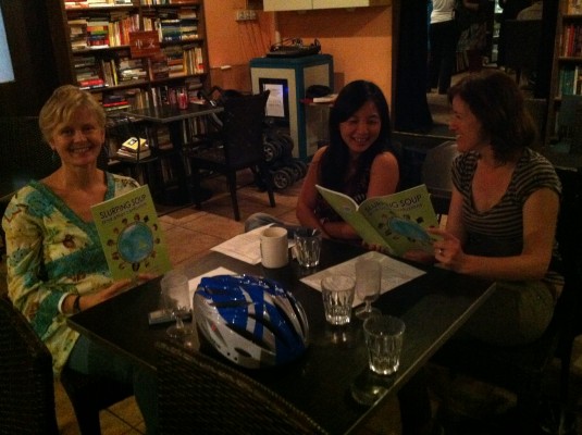 Friends and TCK parents Helen Leavey, Helen Chalmers and Heather Grammaticus share stories at the The Bookworm 'Slurping Soup' event.