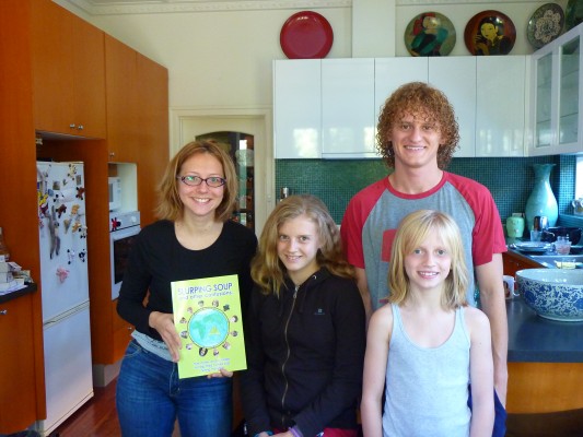 Lyndsey in Melbourne with her French tutor, Myriam who bought a copy of 'Slurping Soup'. Lyndsey's brother D'Arcy and sister Diana also feature in the book.