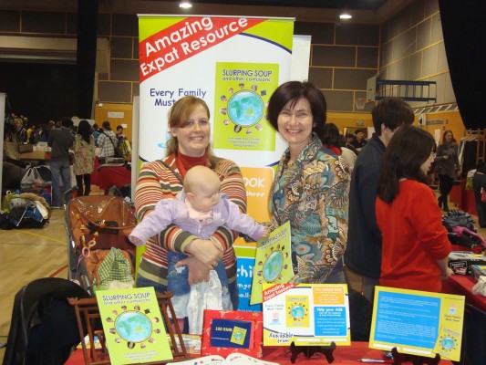 Slurping Soup co-athors Ulrike Gemmer with baby Line and Kathryn Tonges at their WAB Charity Bazaar stall 26 Nov, 2011